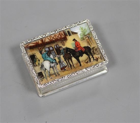 A modern silver and enamel snuff or pill box, with scene of figures and horses, S.J Rose & Son, Birmingham, 1978, 47mm